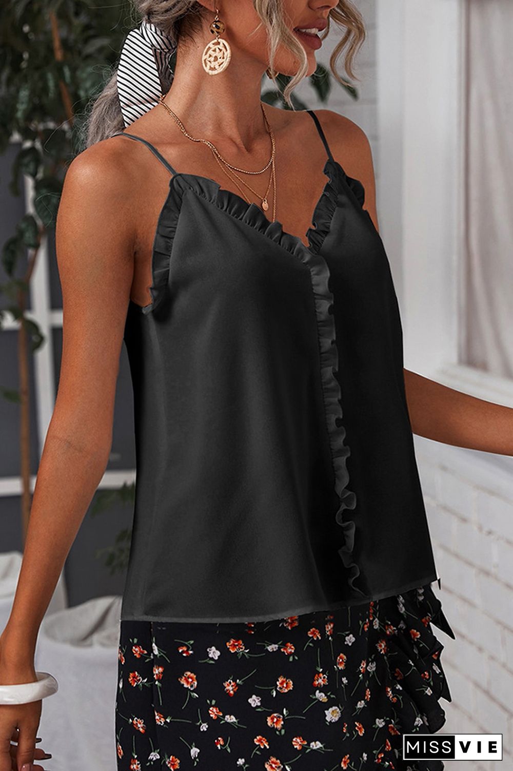 V Neck Ruffled Solid Color Tank Top Wholesale