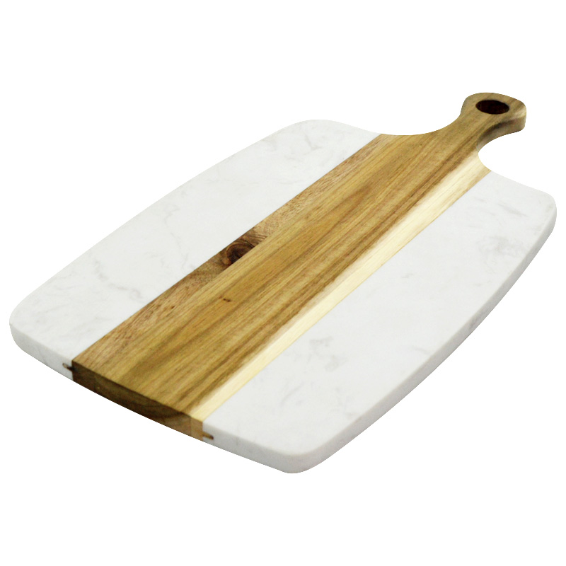 J QUATTUOR Acacia Wood and Marble Cheese Board with Handle， Serving Tray， Charcuterie Platter for Cheese， Fruit， Meat， Sushi