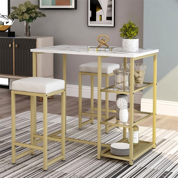 3 piece vintage bar set with natural wood countertops and 2 bar stools /3 storage shelves. (White/Gold)