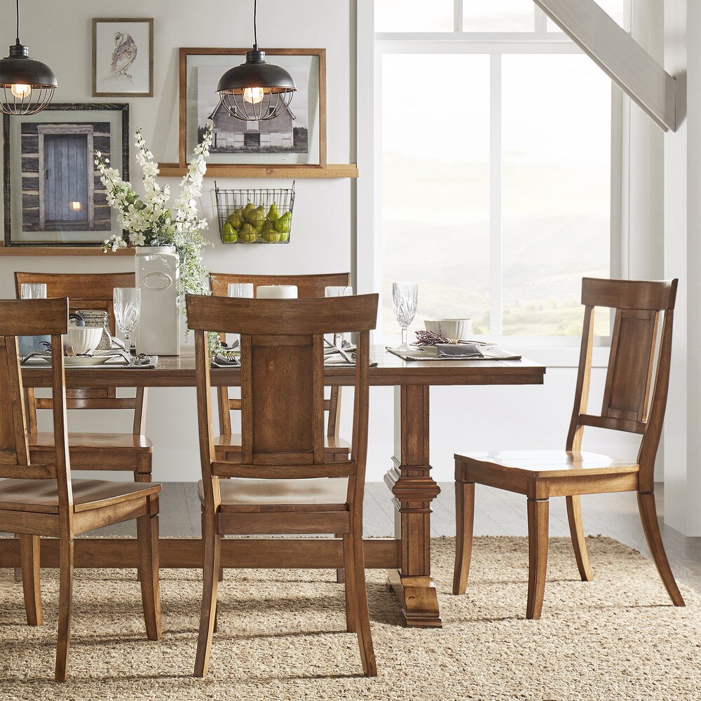 Eleanor Oak Farmhouse Trestle Base 5 Piece Dining Set   Panel Back by iNSPIRE Q Classic