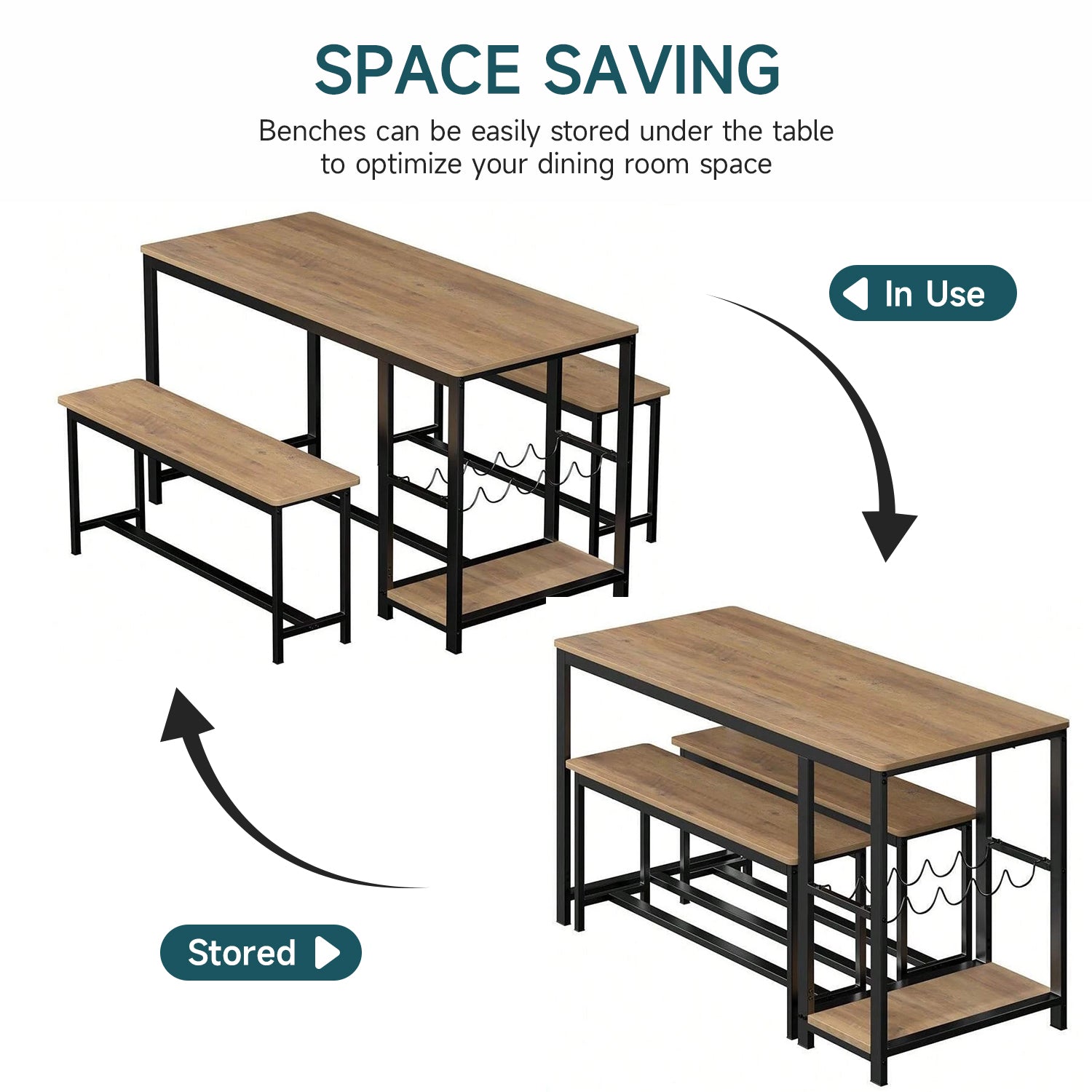 55 inch Kitchen Dining Table Set with 2 Benches, Storage Shelf, Wine Glass Rack