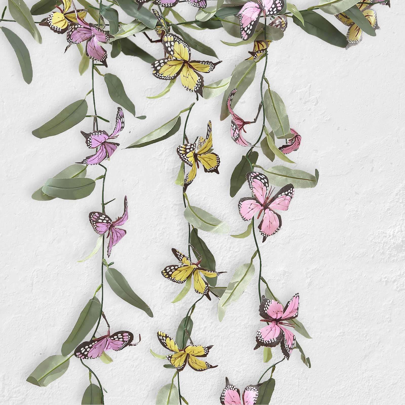 3 Pack Faux Butterfly Flowers Garland with Willow Greenery Leaves, Artificial Garland Vines - 6ft