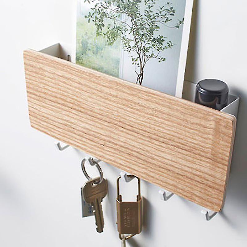 Wall-mounted Porch Key Rack， Metal Hook Rack， Solid Wood Storage Rack