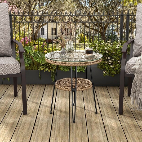 Dana Boho 19inch Outdoor Patio Wicker Round Coffee Table with Tempered Glass Top and Metal Legs by MandL Co.