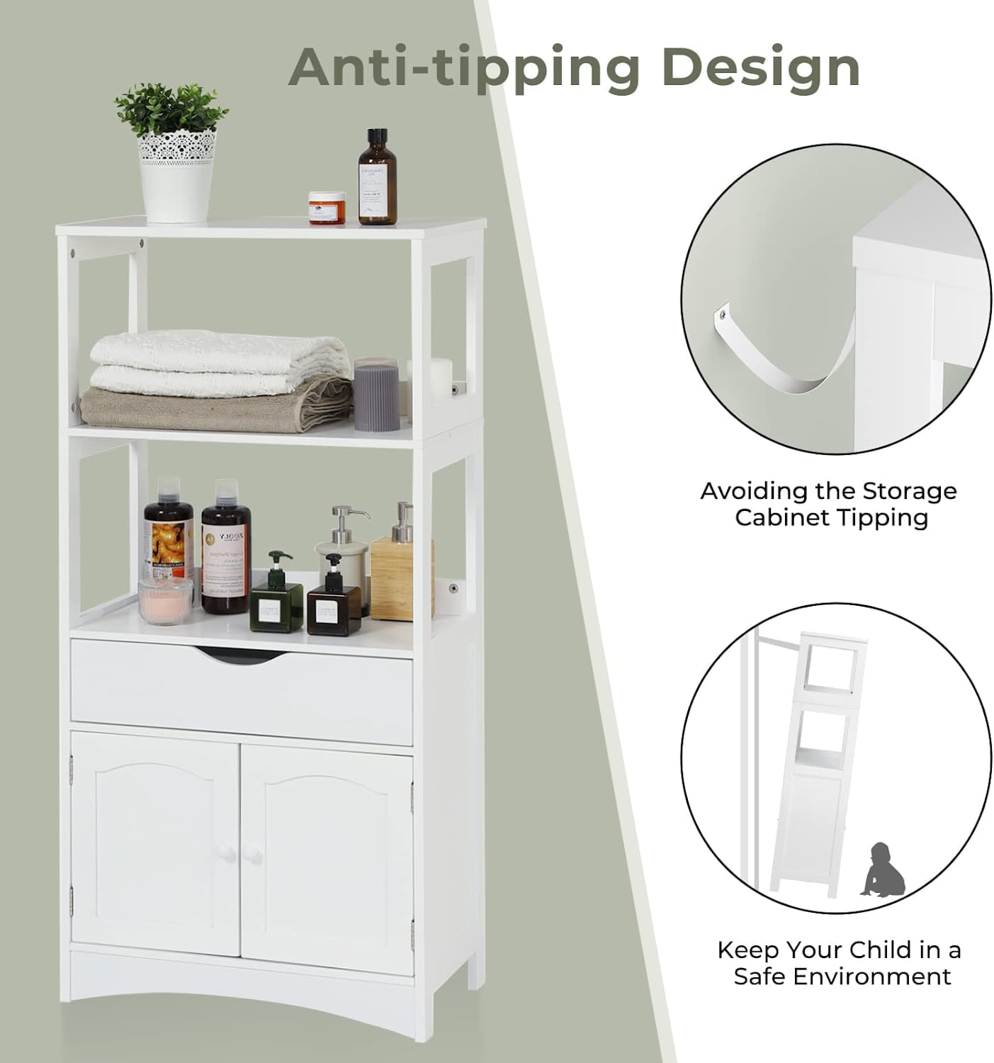 White Sideboard Storage Cabinets for Kitchen with Drawer， Pantry Storage Cabinet with Microwave Space and 1 Cupboard