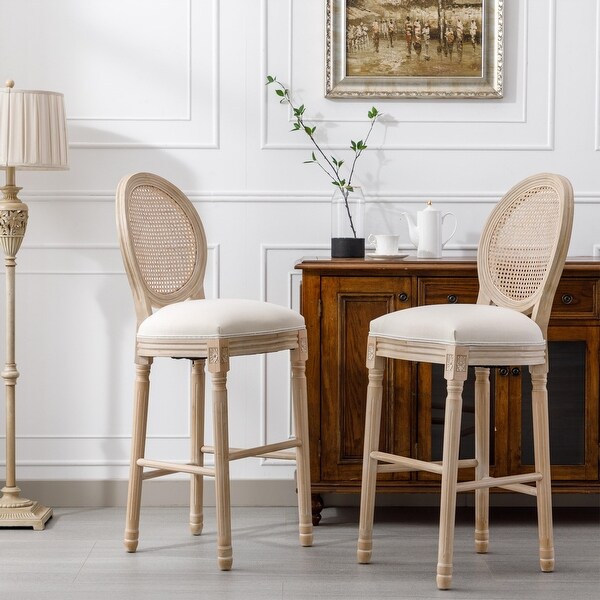 2pcs French Style Barstools with Upholstered Seating and Rattan Back