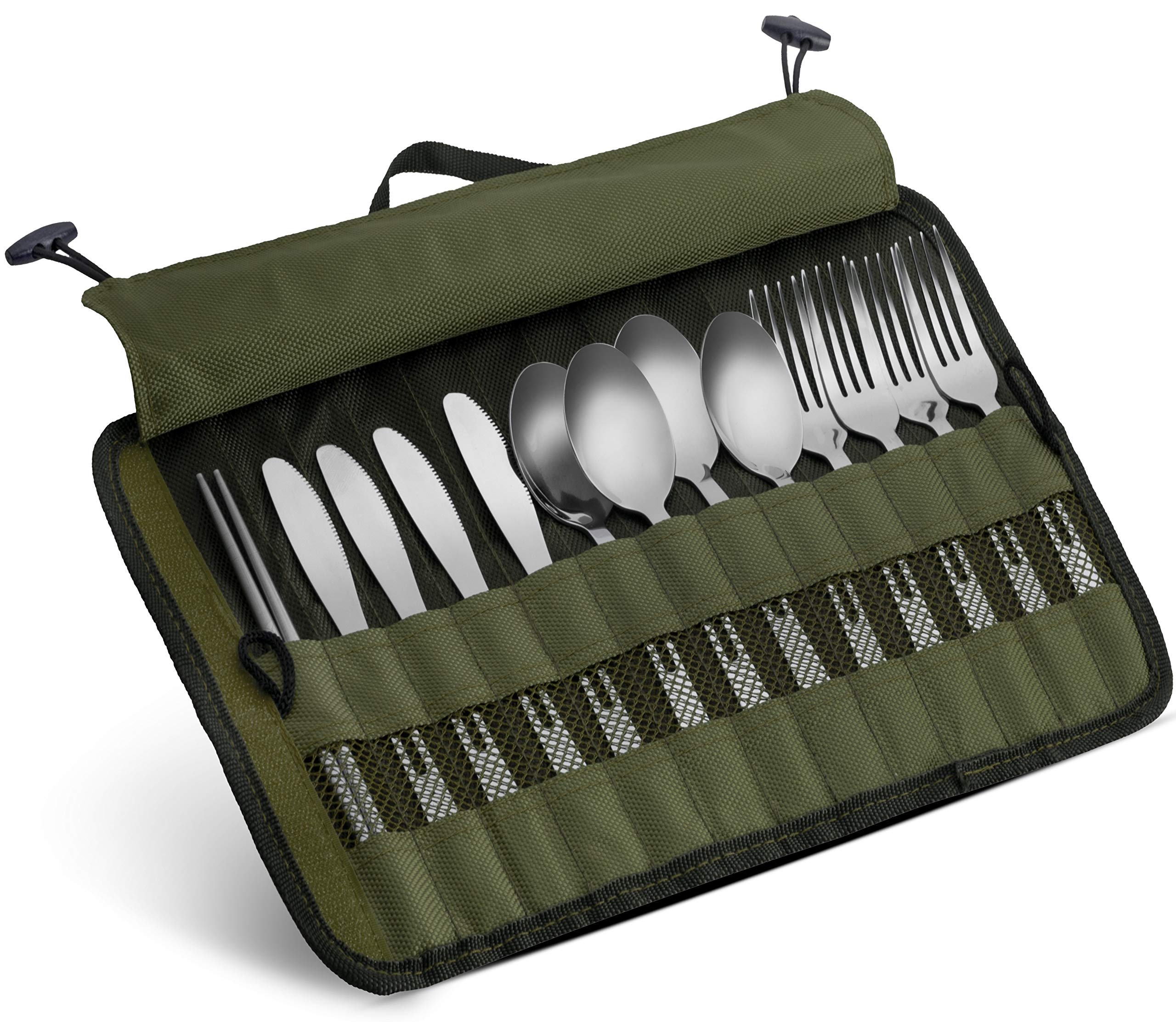 13 Piece Stainless Steel Family Cutlery Picnic Utensil Set with Travel Case for Camping | Hiking | BBQs - Includes Forks | Spoons | Knifes | Chopstick, Plus Nylon Commuter Case (Green)