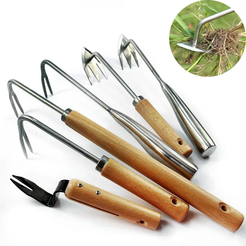 Long Wood Handle Stainless Steel Garden Weeder Hand Weeding Removal Cutter Tools Multifunction Weeder Transplant