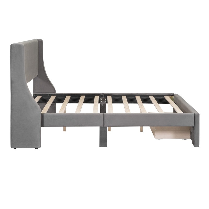 Full Size Bed Frame with A Storage Drawer  Velvet Upholstered Platform Bed with Wingback Headboard and Slat Support