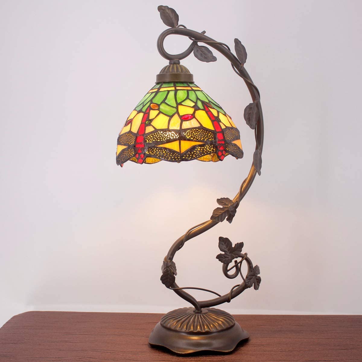 SHADY Tiffany Lamp Green Yellow Stained Glass Dragonfly Style Table Lamp Metal Leaf Base 8X10X21 Inches Desk Light Decor Small Space Bedroom Home Office S009G Series