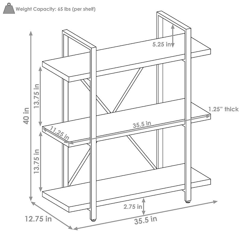 Sunnydaze Industrial Style 3-Tier Bookshelf - Wood Veneer Shelves - Smoky Gray