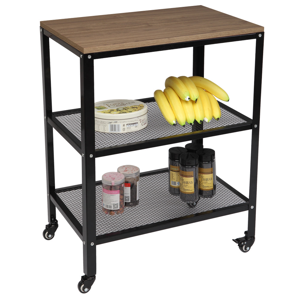 QEEK Serving Cart, 3-Tier Bar Cart on Wheels with Storage and Steel Frame, Microwave Cart, Rolling Kitchen Utility Cart