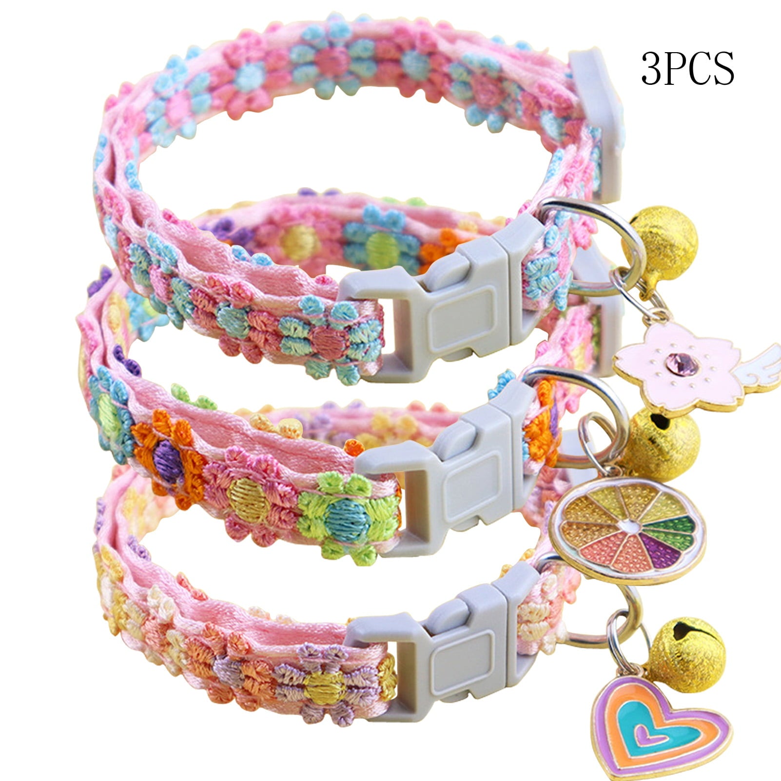 CHBORLESS 3 Pcs Colourful Flowers Cat Collar with Bell Adjustable Kitten Collar