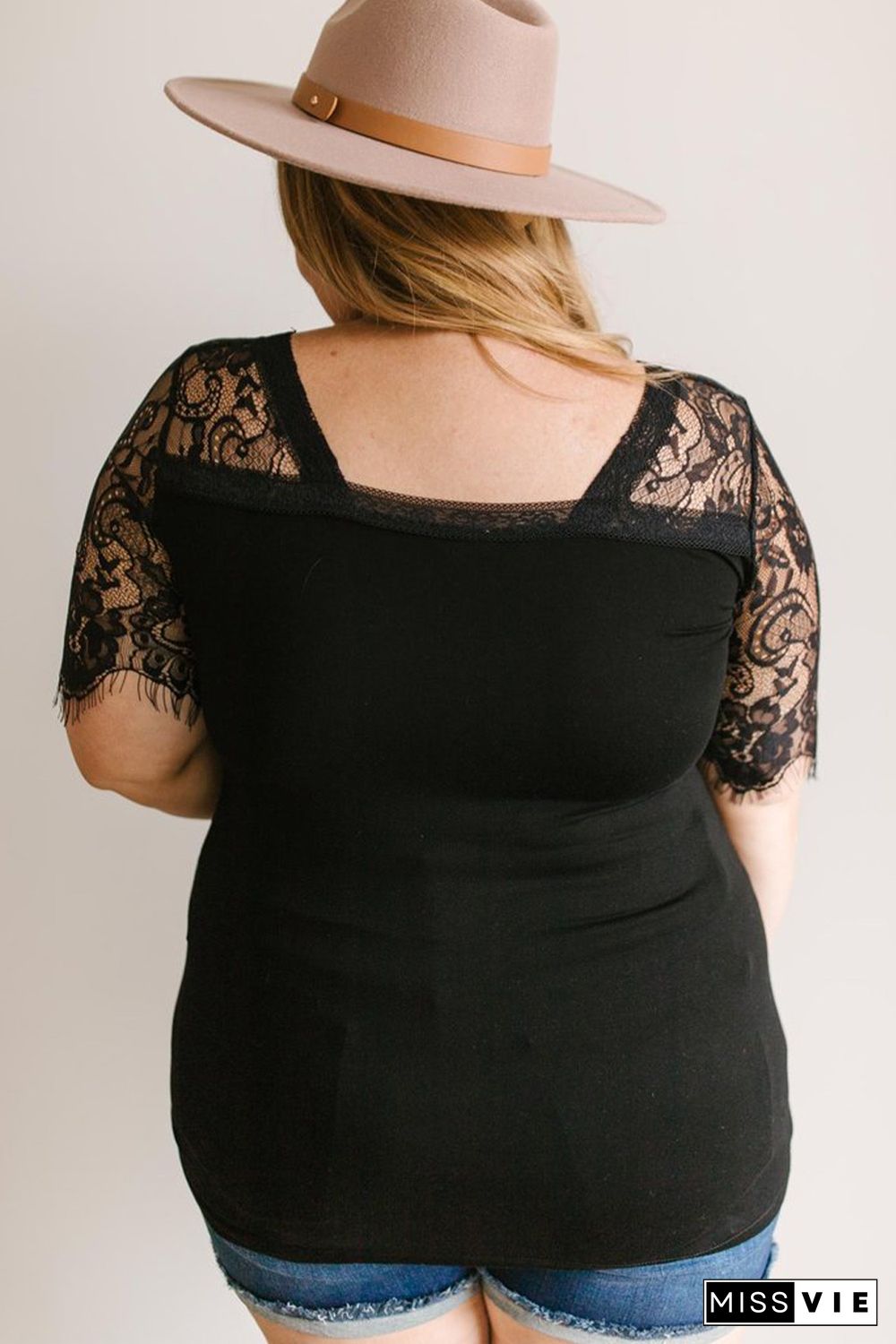 Black Lace Short Sleeve V Neck Plus Size Tee