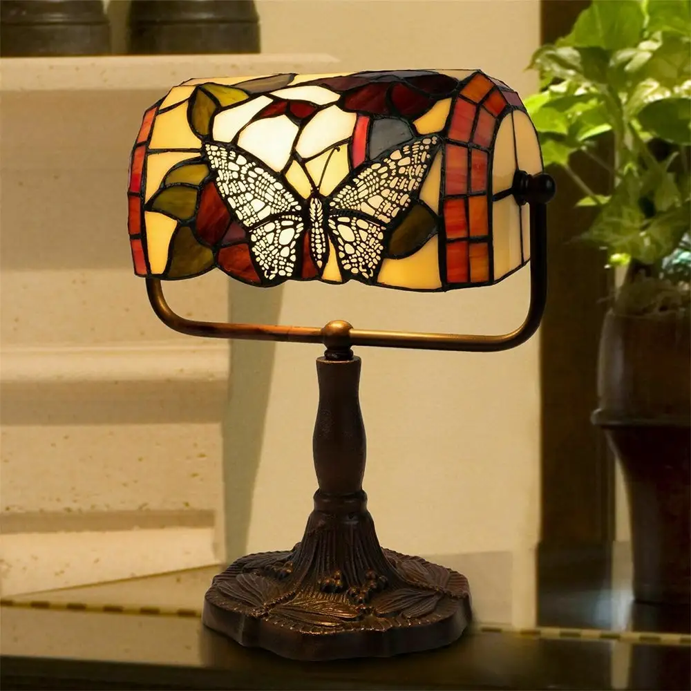 Bankers Table Desk Lamp Stained Glass Led Bulb Lighted Artwork - 10.5