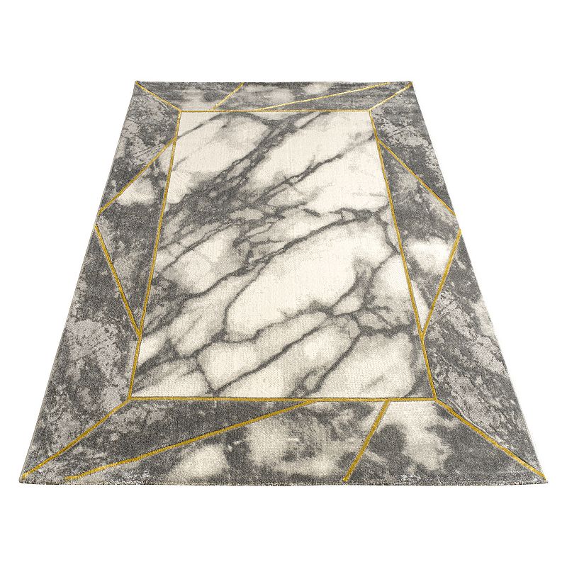 Grey Gold Cream Living Room Rug with Marble Pattern in 3D