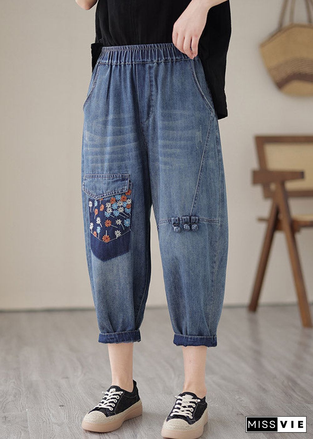 Unique Blue Elastic Waist Embroideried Patchwork Crop Pants Summer