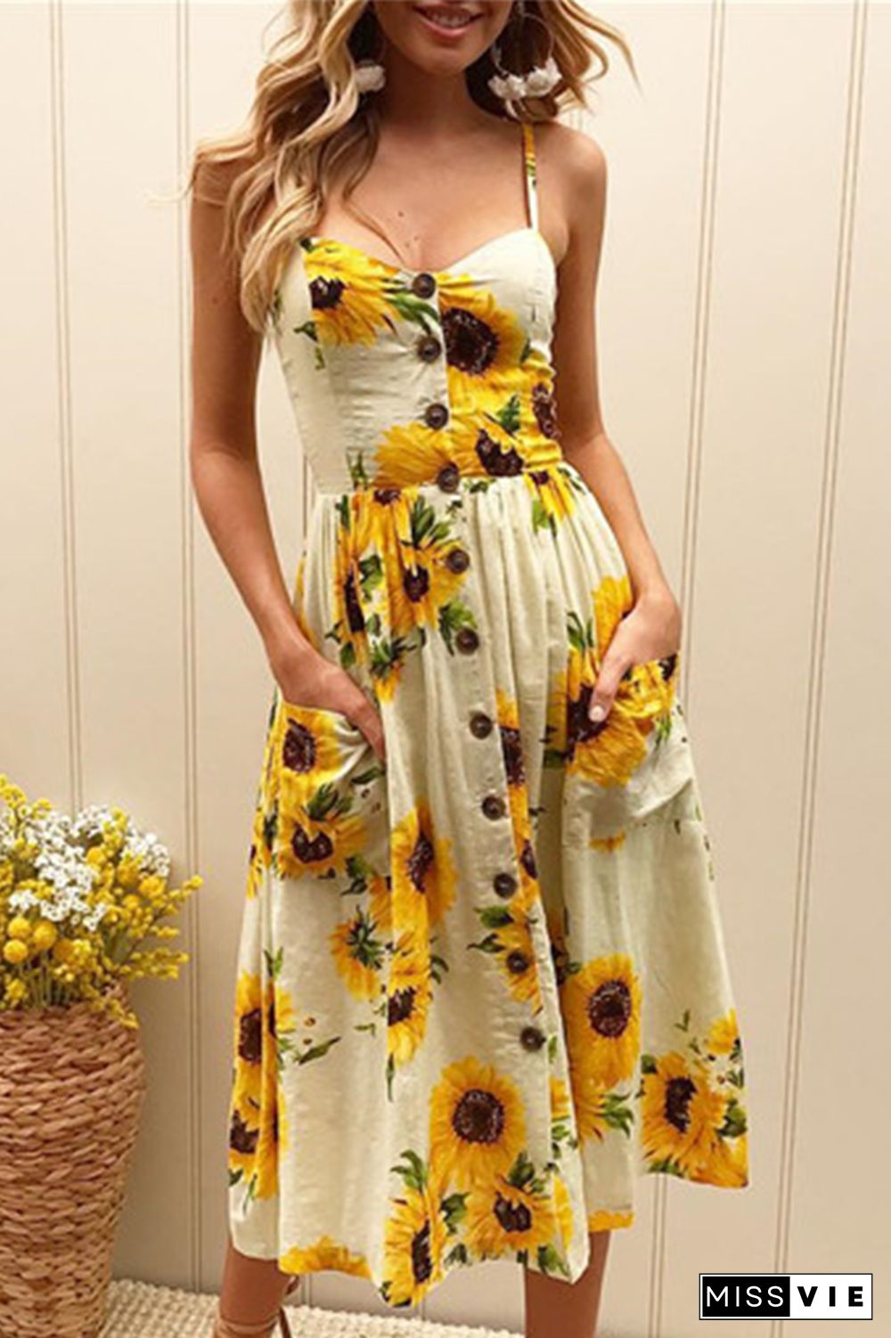 Casual Striped Floral Buckle Spaghetti Strap A Line Dresses