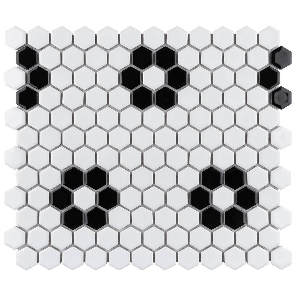 Merola Tile Metro 1 in. Hex Glossy White with Flower 10-14 in. x 11-78 in. Porcelain Mosaic Tile (8.6 sq. ft.Case) FXLM1HGH