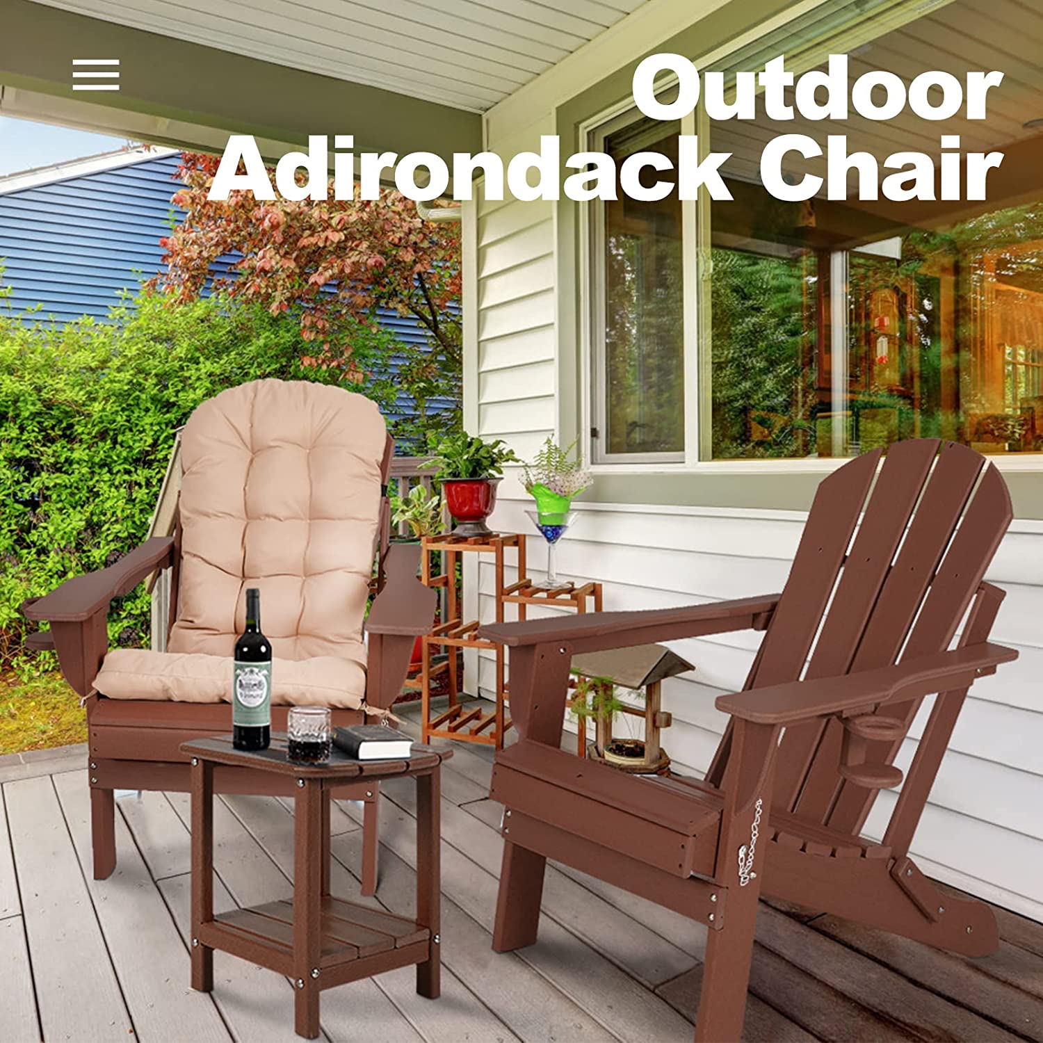 Nalone Folding Adirondack Chair with Cushion with Cup Holder, HDPE Plastic Oversized Patio Chair Weather Resistant(Wood)