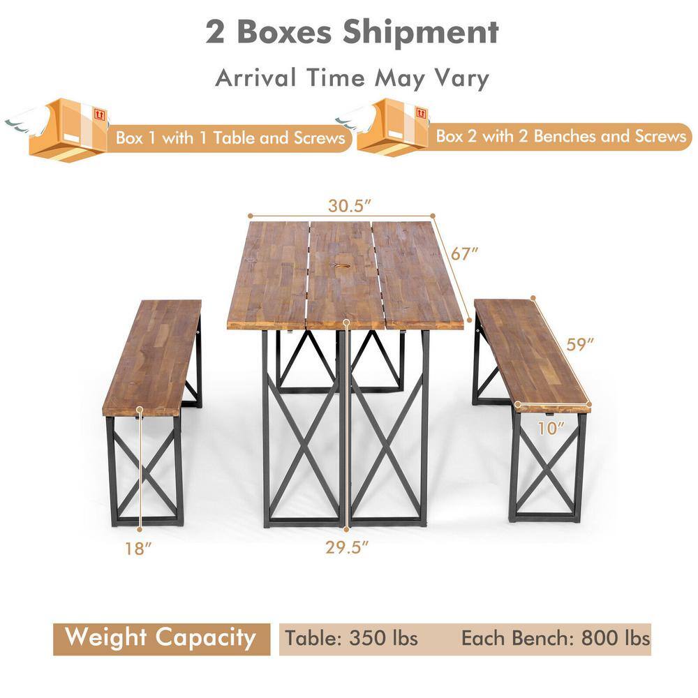 WELLFOR 67 in. L 6-Person Acacia Wood Picnic Table Bench Set with 2 in. Umbrella Hole KC-HGY-55469+