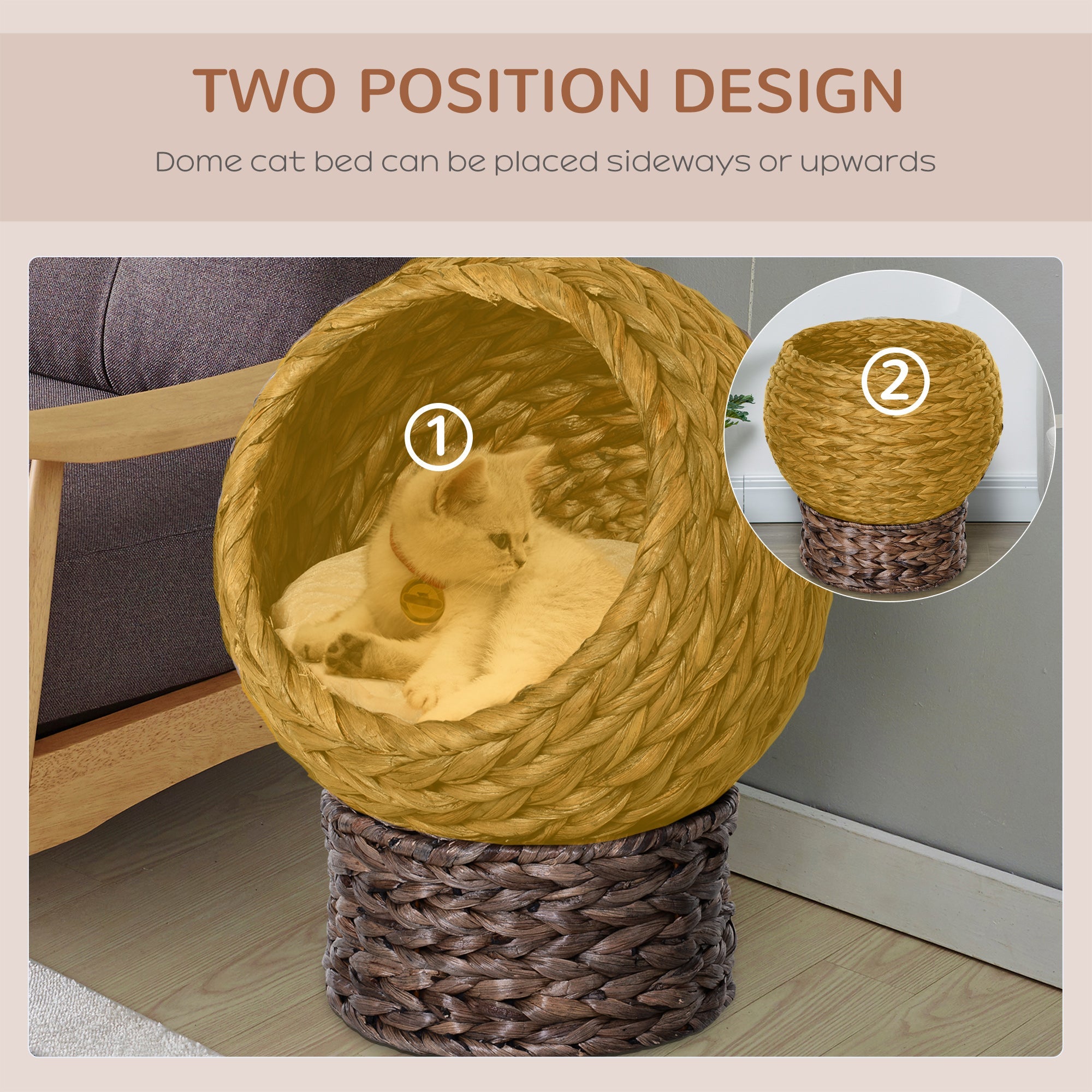 PawHut Handwoven Elevated Cat Bed with Soft Cushion & Cat Egg Chair Shape, Cat Basket Bed Kitty House with Stand, Raised Wicker Cat Bed for Indoor Cats, 20" Dia. x 23.5" H, Dark Brown