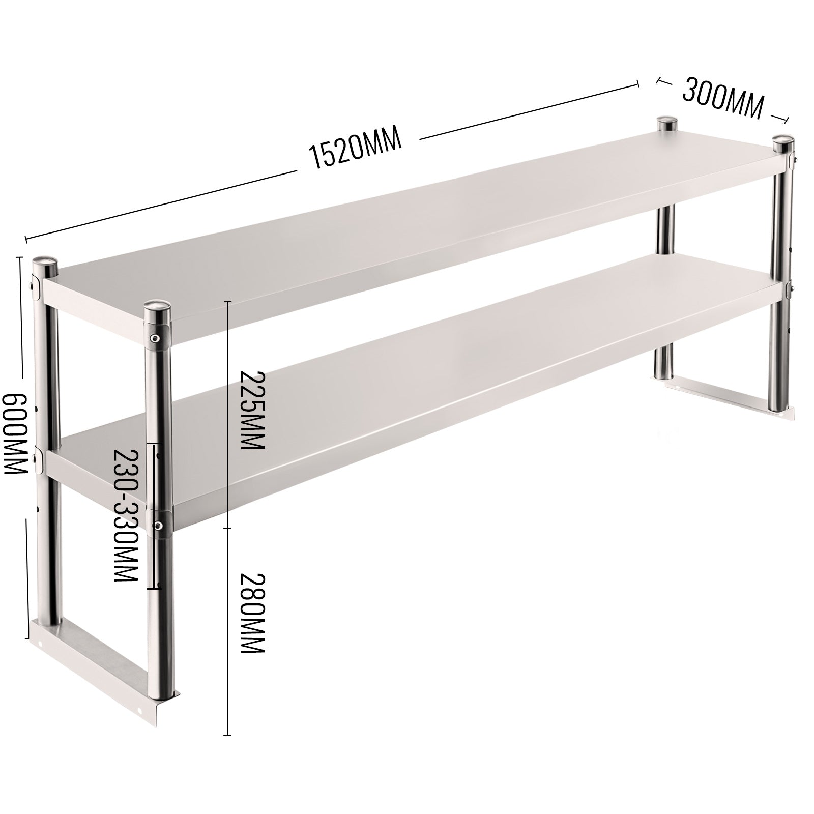 VEVOR Double Overshelf， Double Tier Stainless Steel Overshelf， 60 in.Length x 12 in.Width Double Deck Overshelf， Height Adjustable Overshelf for Prep and Work Table in Kitchen， Restaurant and Workshop