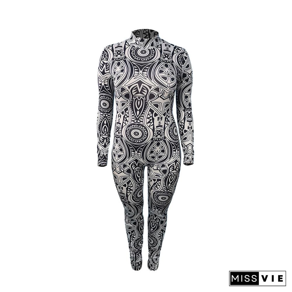 Workout Printing Bodycon Long Sleeve Jumpsuit