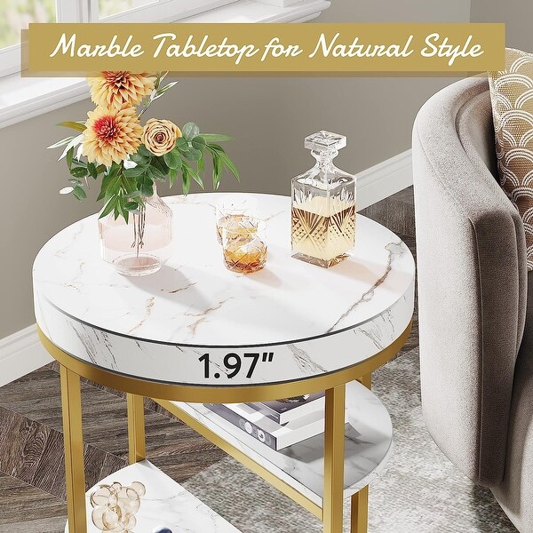 Gold End Table， Modern 3-Tier Side Table with Storage Shelf