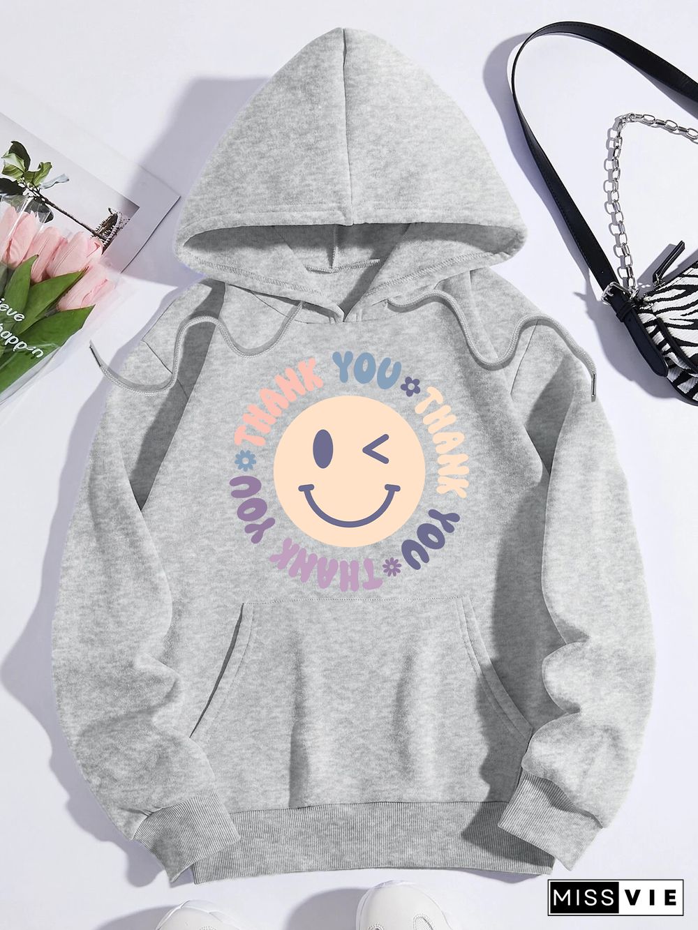 Printed on front Kangaroo Pocket Hoodie Long Sleeve for Women Pattern thank you