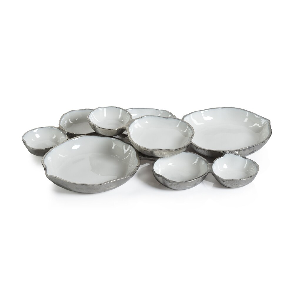 Cluster of Nine Round Serving Bowls with White Enamel Interior