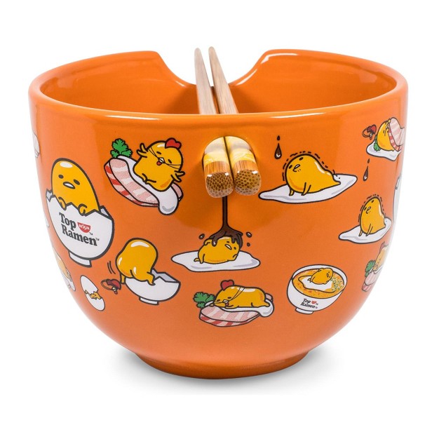 Silver Buffalo Sanrio Gudetama Japanese Top Ramen Dinnerware Set 20 ounce Ramen Bowl Chopsticks