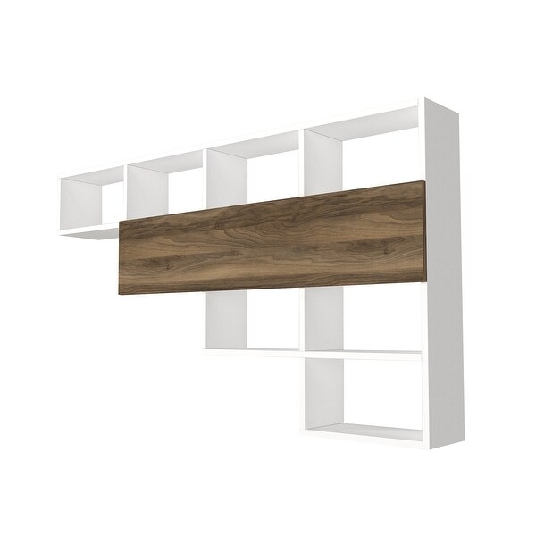 71 Inch Wall Mount TV Console Entertainment Cabinet， 3 Doors， 1 Floating Shelf， Light Walnut， White