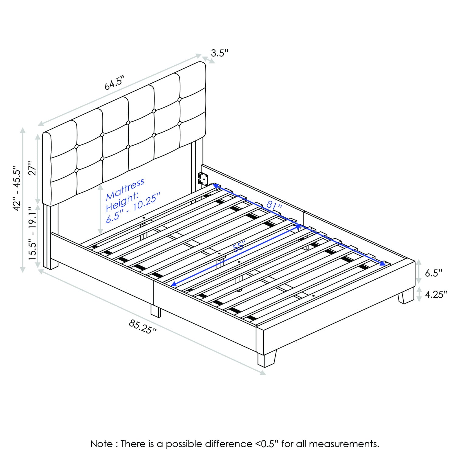 Furinno Laval Double Row Nail Head Bed, 12 Piece Slat Style, Stone, Queen