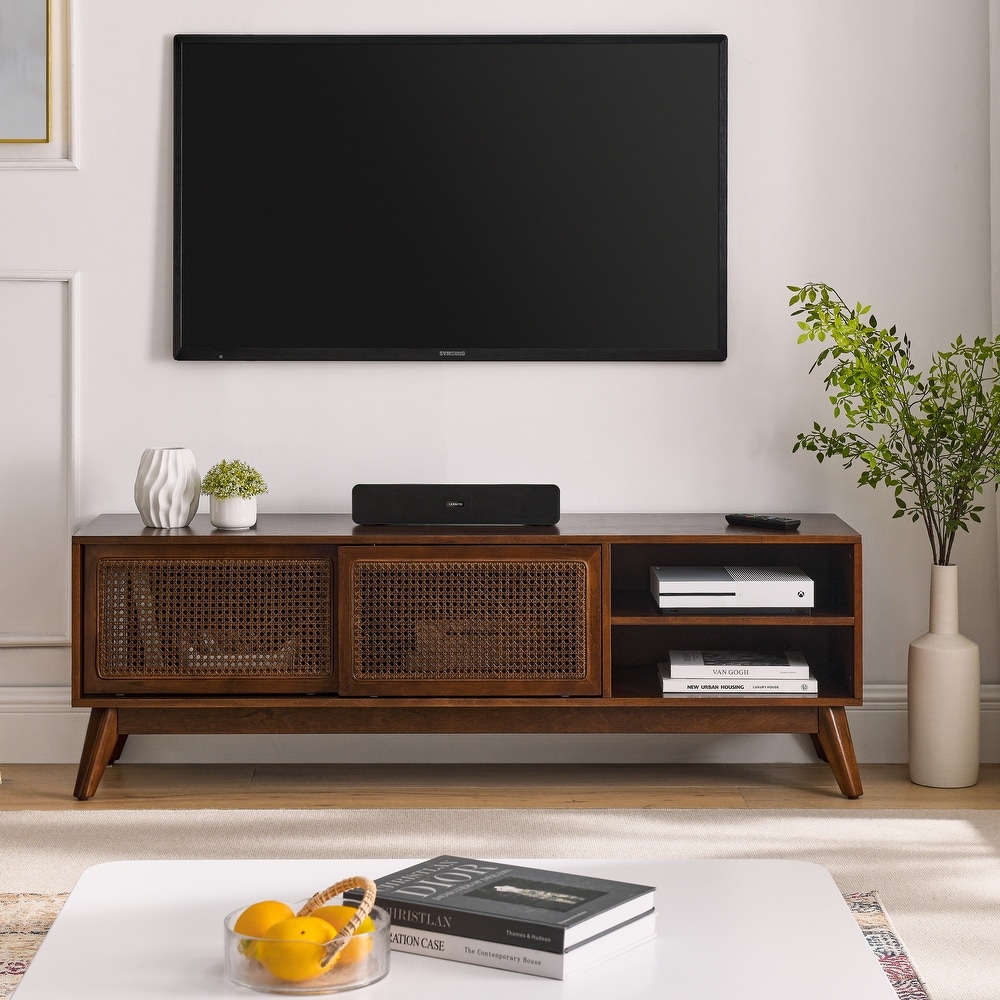 Rattan TV Stand Media Console Entertainment Cabinet for Living Room Bedroom w/ Wood Feet   Rattan Sliding Cabinet Doors