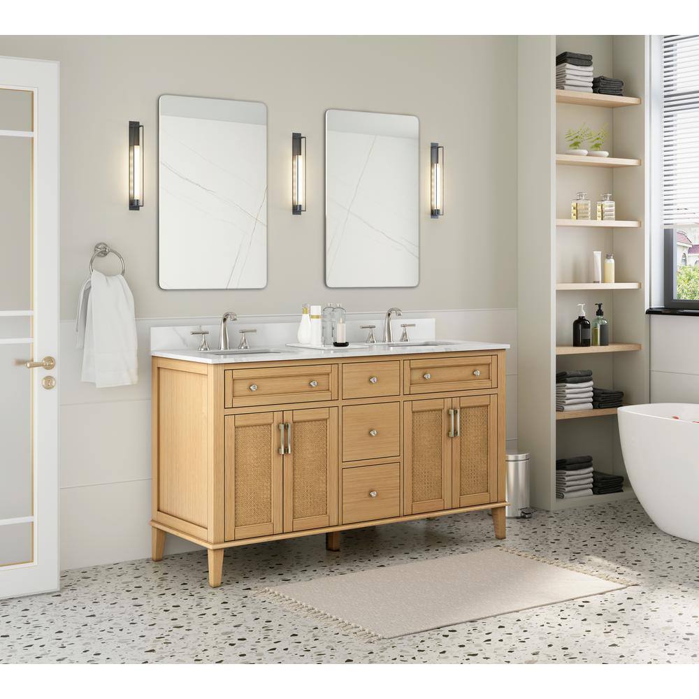 Home Decorators Collection 60in. W x 22 in. D x 34.5 in. H Double Vanity in Natural Oak with Engineered Carrara Marble Top and White Sinks TJ-0237V6022BE