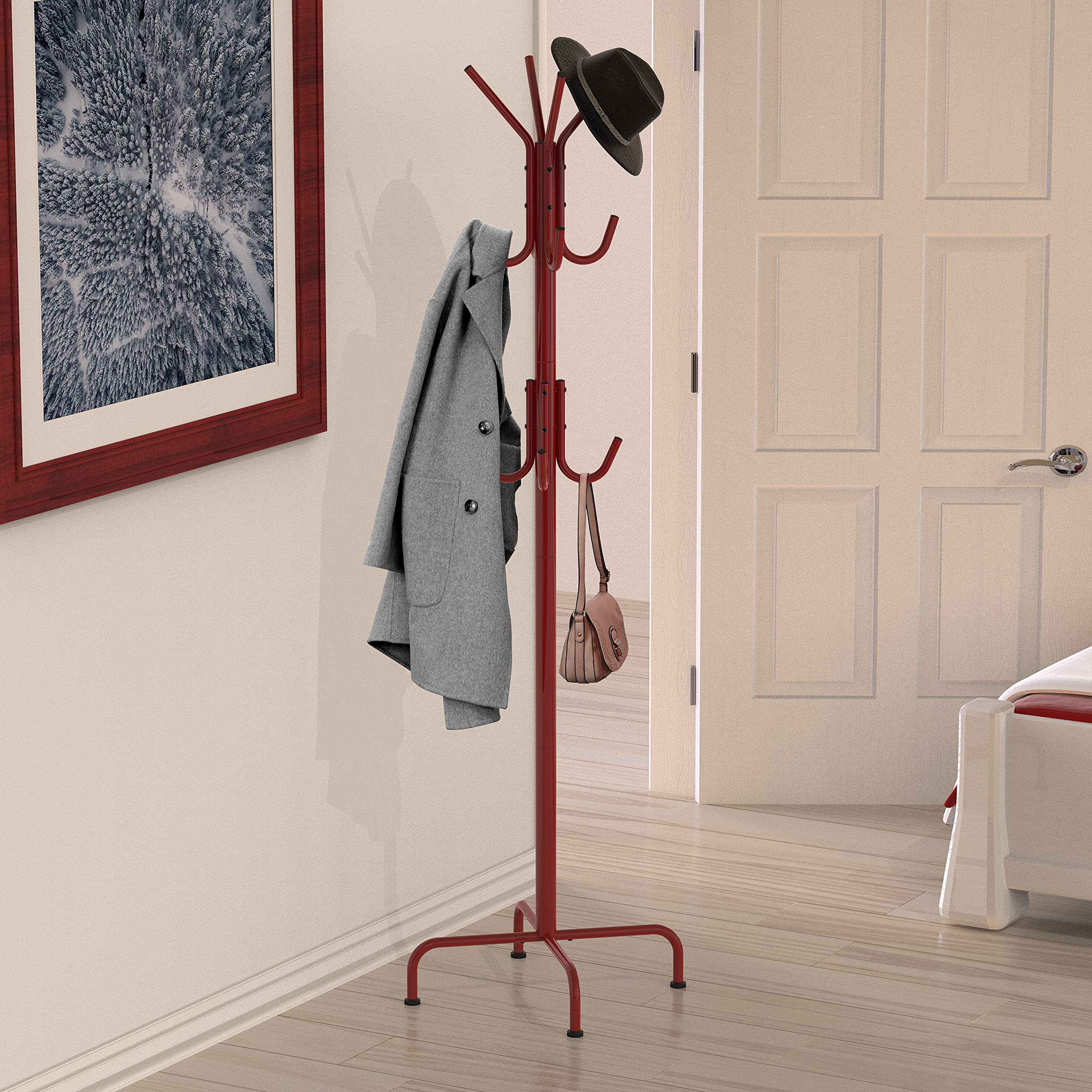 Simple Houseware Standing Coat and Hat Hanger Organizer Rack， 12 Hooks Red