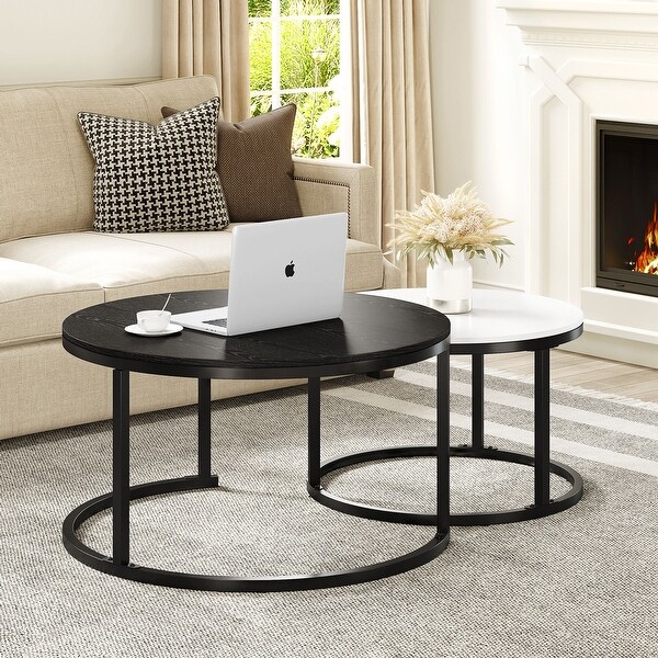 Modern Nesting Round Coffee Table Set of 2 for Living Room Black and White