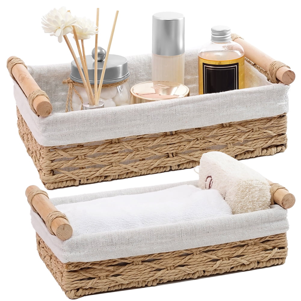 HOSROOM Round Paper Rope Storage Baskets for Organizing with Handle Decorative Storage Bins for Countertop Toilet Paper Basket