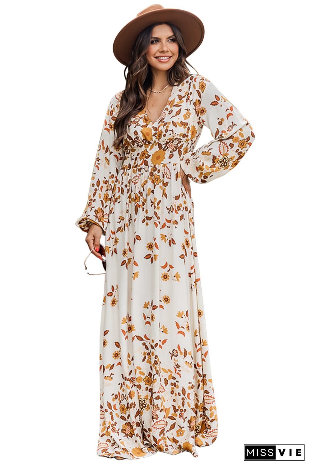 Yellow Leaf Print V Neck Puff Sleeve Maxi Dress