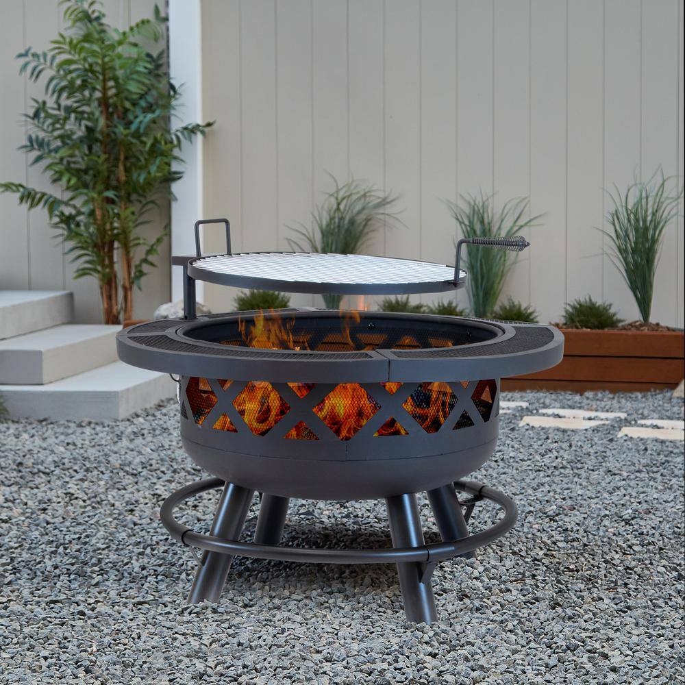 26 in. H Outdoor Steel Black Fire Pit with Adjustable Cooking Grid 5511