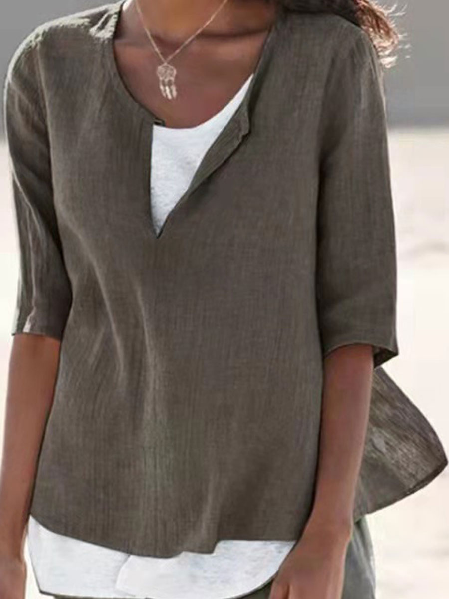 Round Neck Casual Loose Solid Color Long Sleeve Blouse