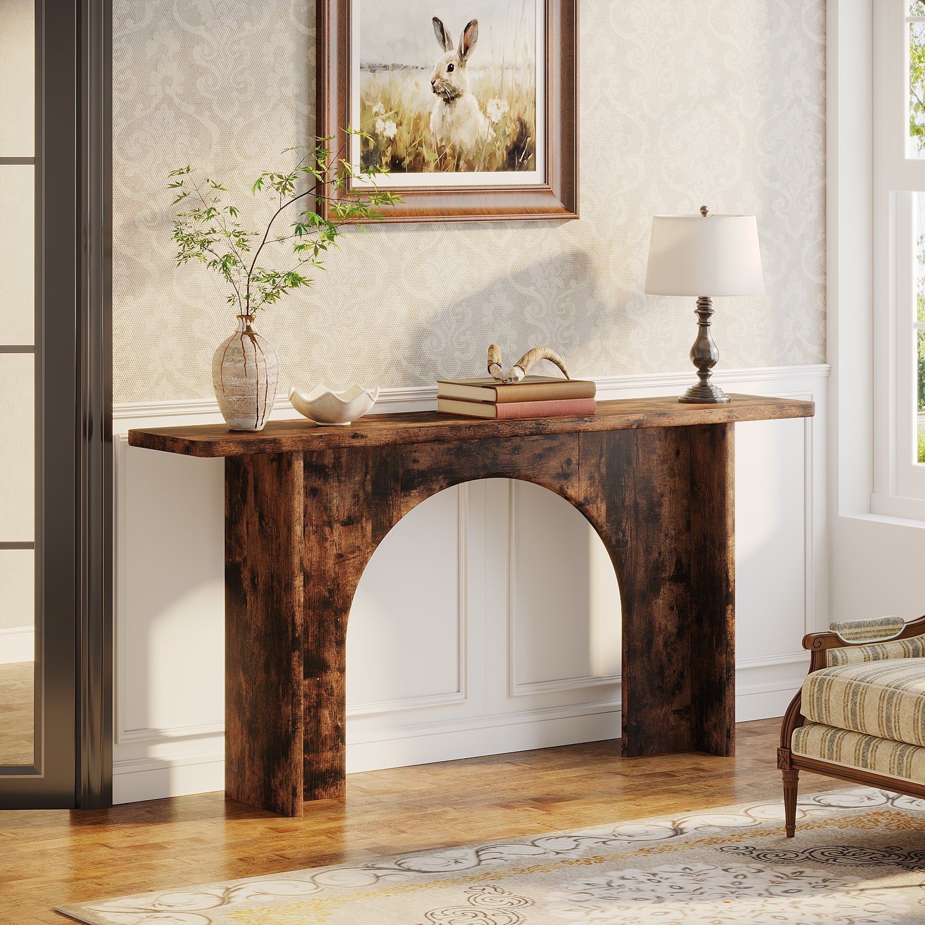 63-Inch Console Table, Wood Farmhouse Entryway Table with Arch Brace