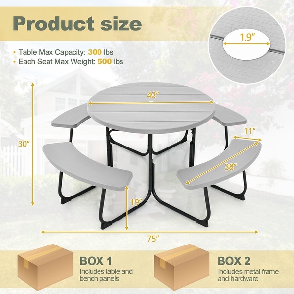 Costway Outdoor 8person Round Picnic Table Bench Set with 4 Benches and