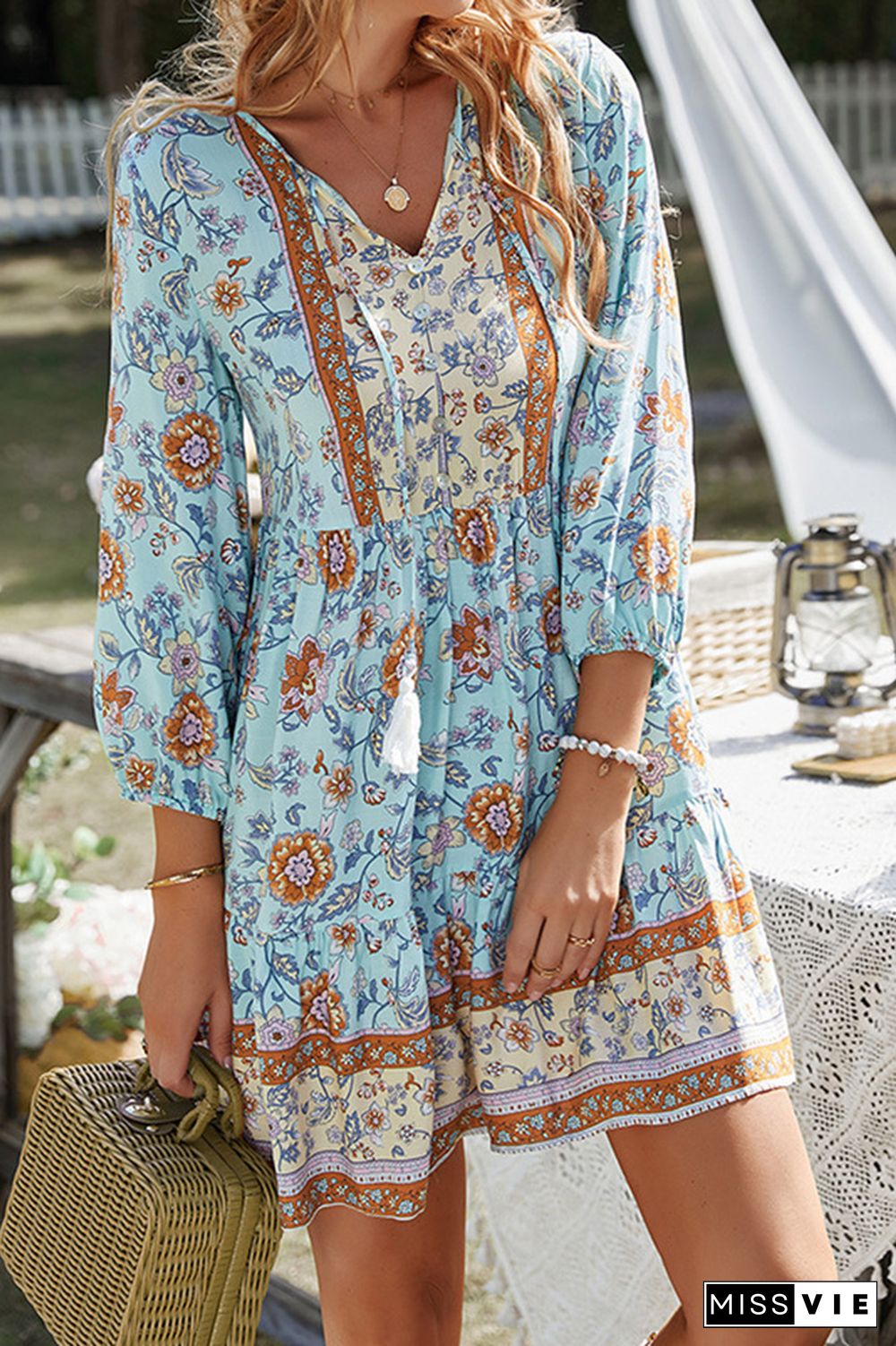 V Neck Bohemia Floral Mini Dress