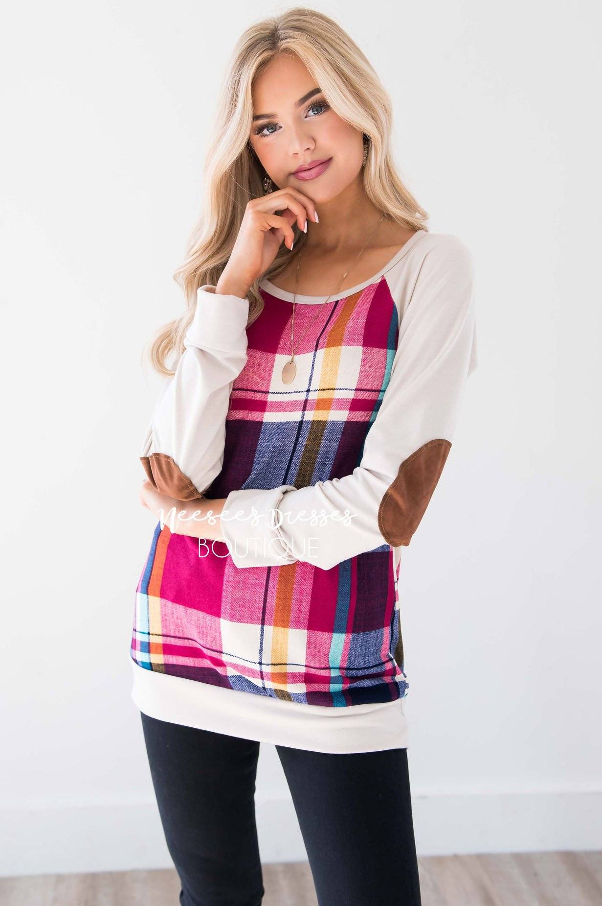 Fuchsia Plaid Elbow Patch Sweater