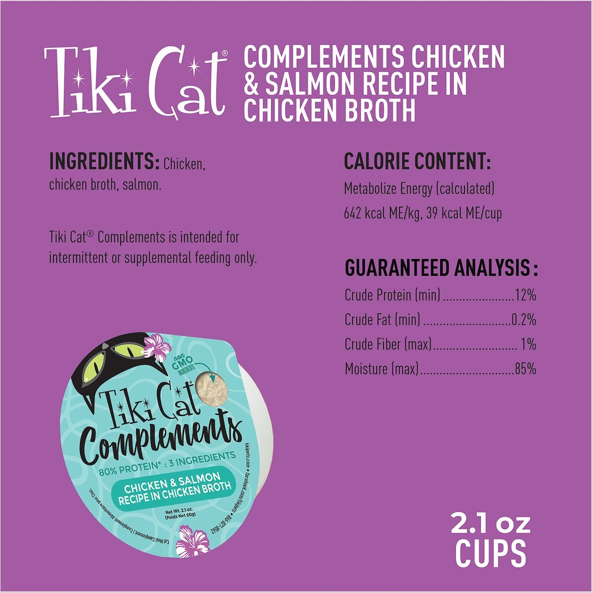 Tiki Cat Complements Chicken and Salmon Recipe in Chicken Broth Wet Cat Food Topper，， 2.1-oz， case of 8