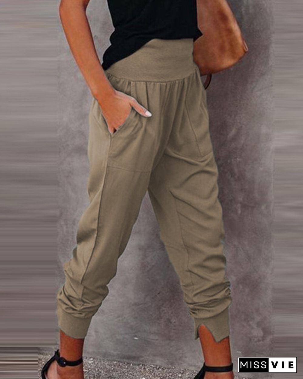 High Waist Pocket Design Casual Pants