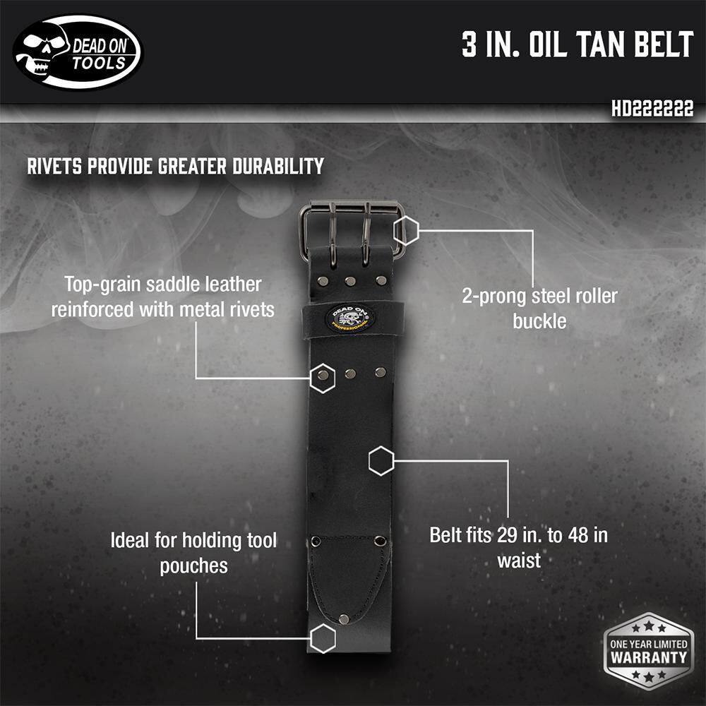 DEAD ON TOOLS 3 in. Wide Oil Tan Tool Belt in Black Saddle Leather with Double Tongue Roller Buckle HD222222