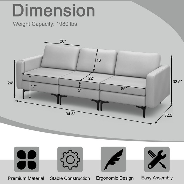 Costway Modern Modular 3 seat Sofa Couch W Side Storage Pocket amp Metal Leg